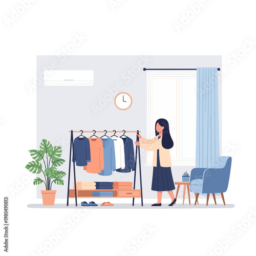 Minimalist flat vector illustration of a young woman organizing clothes on a garment rack in a modern room with a blue armchair, potted Monstera plant, wall clock, and window.