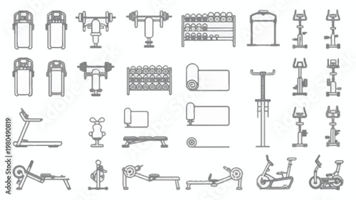 Collection of Gray Gym Equipment Icons on White Background