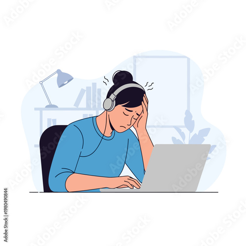 Vector illustration of an exhausted female remote worker sitting at a desk with a laptop and headphones, feeling burned out and suffering from a headache in a home office setting.