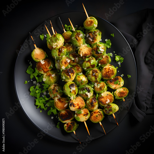 Perfectly charred and golden brown brussels sprouts skewered on thin wooden sticks prepared for a healthy gourmet dinner party served on a sleek black ceramic plate with fresh green herbs and sea salt