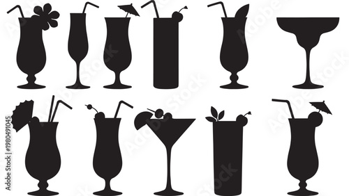 Cocktail silhouette set with black bartending glasses and straw icons for beverage branding background