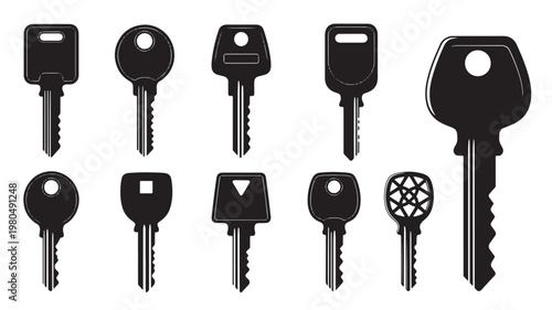 Keys set icon silhouettes with different head shapes and key teeth for door access and locksmith design