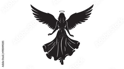 Angel wings figure tattoo icon with black silhouette and halo, gothic fantasy style emblem for logos and posters