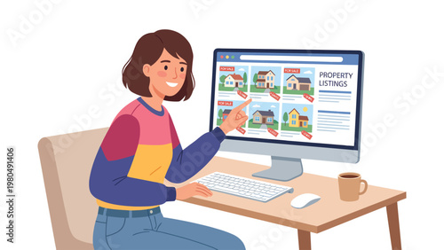 Young woman browsing online property listings on a desktop computer, searching for real estate.