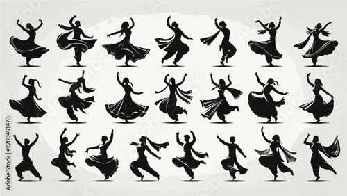 Collection of Black Silhouettes of Indian Classical and Folk Dancers in Various Graceful Poses with Flowing Costumes, Traditional Dance Performance Illustration Set