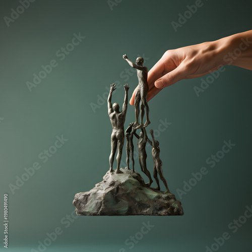 Human hand gently guiding a bronze sculpture of multiple figures climbing towards the top of a rugged mountain peak to illustrate the concepts of teamwork support cooperation leadership success achiev