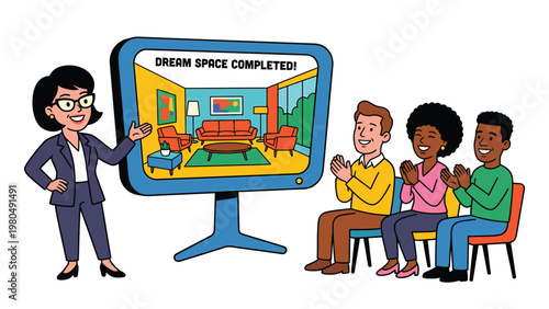 Design professional presenting completed interior project on screen to applauding clients