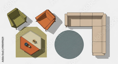 Modern Living Room Furniture Arrangement Top View.