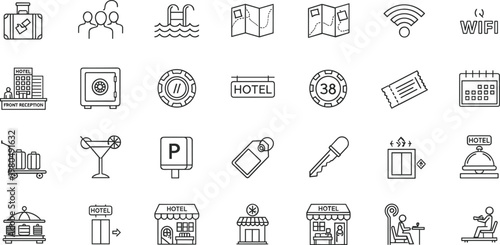 Travel and Hotel Service Line Icon Set Featuring Reception Pool Map Wifi Key Parking Ticket and Tourism Symbols
