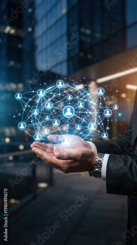 Businessman holding digital social network globe in hands; concept for global business communication, human resources, networking, and team management in vertical night city background.