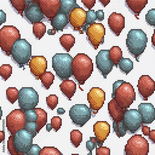 A pixel art image showcases a multitude of balloons in various colors, with some having unique features.