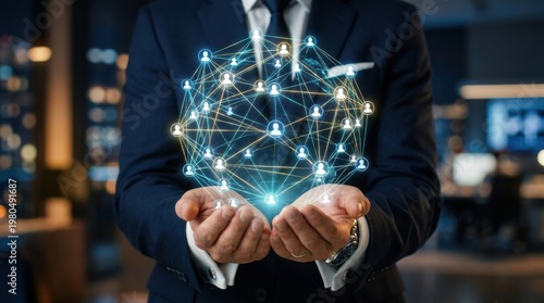 Businessman holding glowing digital network globe with human icons representing global communication social media connection corporate structure and international team collaboration in night office.