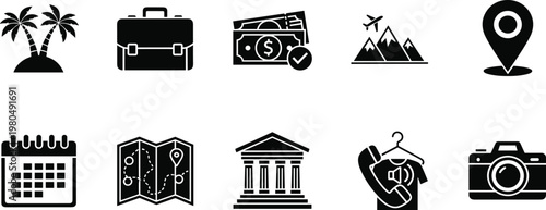 Travel and tourism icon set vector illustration with suitcase money map location camera and vacation symbols for trip planning and booking design
