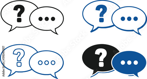 Four speech bubble icons with question marks and ellipses isolated on transparent background representing uncertainty and dialogue