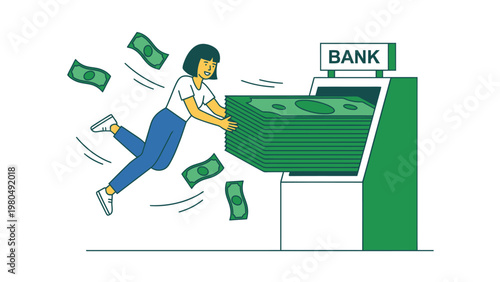 Financial abundance: Woman overwhelmed by a huge stack of cash pouring from an ATM machine