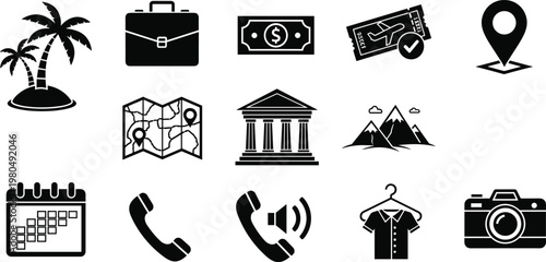 Travel tourism icon set vector illustration with suitcase ticket map location camera and vacation planning symbols for trip booking design