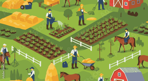 Isometric farm scene with farmers and animals farming