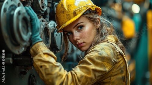 Woman in work clothes inspecting machinery, looking at camera