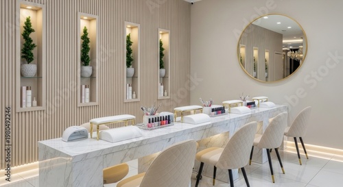 A long white marble manicure table with four beige chairs in a modern nail salon with recessed lighting