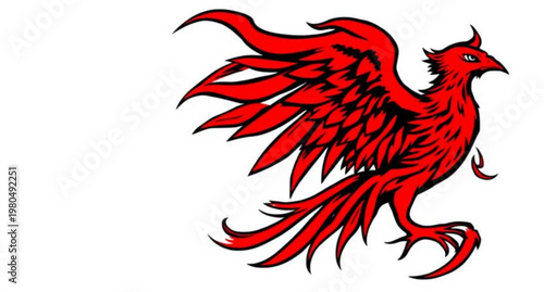 Red cartoon rooster vector illustration with fire-like feathers and phoenix wings, an artistic animal symbol and nature icon isolated on white background