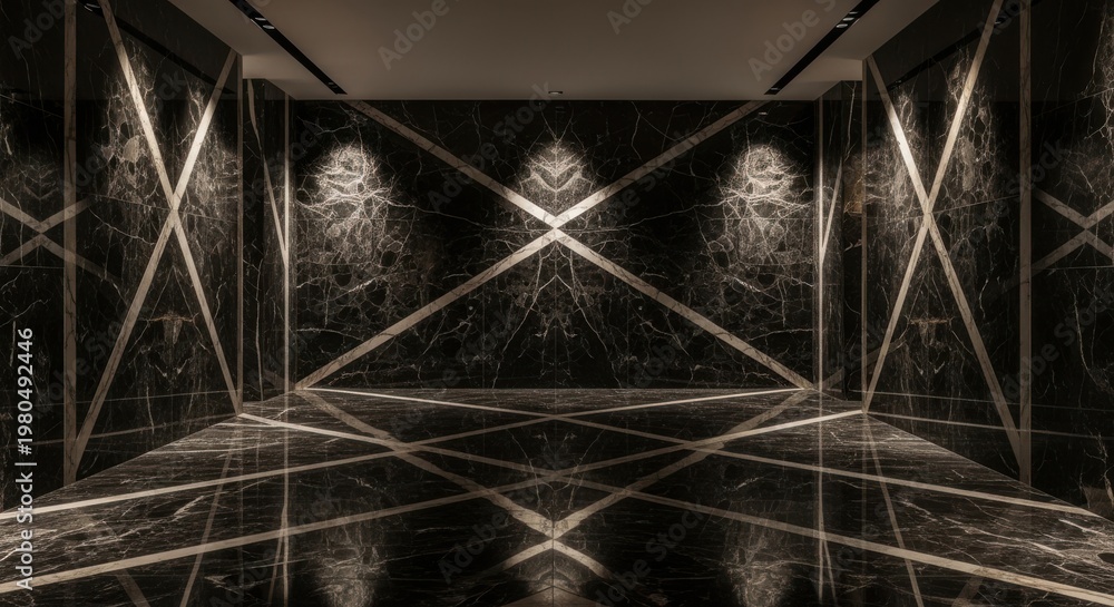 Fototapeta premium Polished Dark Marble Room with Sharp Geometric Inlays and Reflective Surfaces