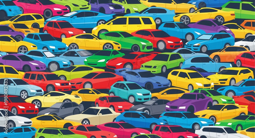 Colorful collection of many different cars parked closely together.