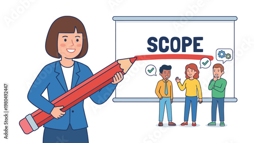 Business team defining project scope on whiteboard. Woman leader with pencil, diverse colleagues collaborate.