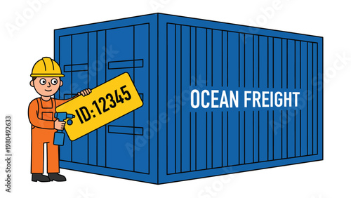 Logistics worker identifying ocean freight container with ID tag, shipping and global trade concept