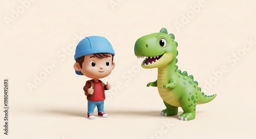 A 3D cartoon illustration of a young boy and a friendly green dinosaur standing together