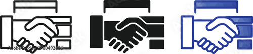 Three variations of a handshake icon black and white and blue isolated on transparent background representing agreement and partnership