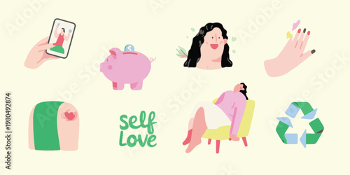 Self Love Concept Icons with Piggy Bank and Recycling Symbol