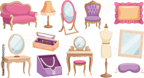 Vintage dressing room furniture set flat vector illustration with mirror vanity chair sofa lamp mannequin and beauty accessories