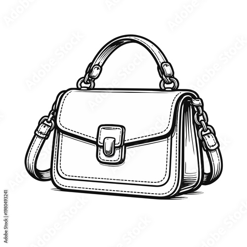 Black and White Illustration of a Stylish Leather Handbag with a Shoulder Strap and Buckle Closure