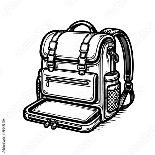 Detailed black and white illustration of a durable backpack with multiple compartments and zippered pockets, perfect for travel or school