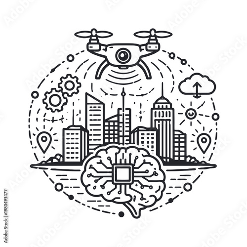 Futuristic smart city concept with drone technology and artificial intelligence integrated into urban infrastructure