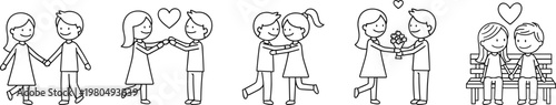 Minimalist black line vector set of a romantic couple in various affectionate poses and relationship scenes