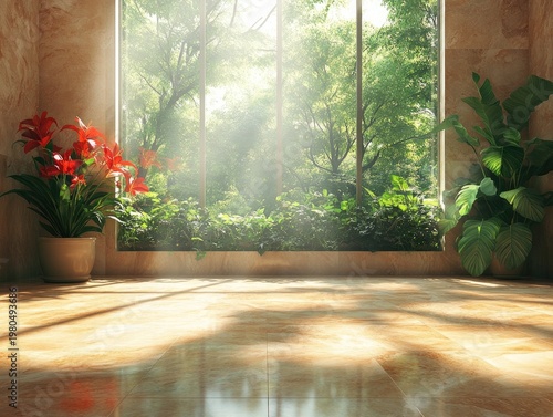 Sunlight streams in a spacious room with tile floor and green plants. Ideal as mockup scene for interior design or product placement.