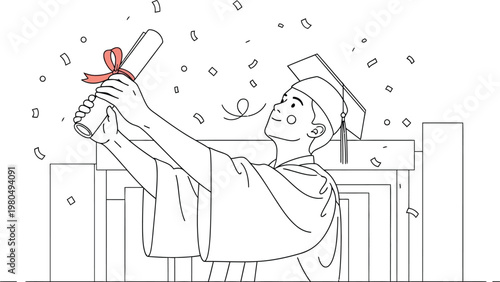 Young happy graduate in cap and gown celebrating academic achievement with a rolled diploma, surrounded by confetti during a joyful graduation ceremony.