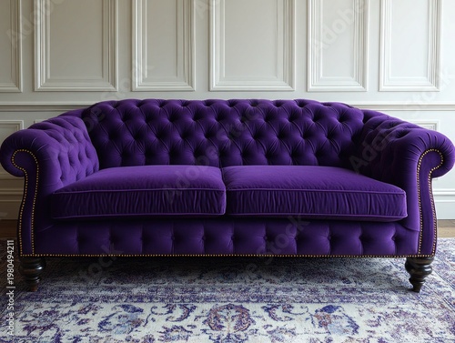 Elegant purple velvet couch against paneled wall with ornate area rug. Perfect for upscale interior design projects, conveying luxury and comfort.