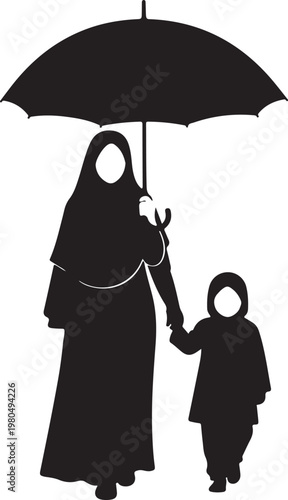 Muslim mother, child, black silhouette, hijab, umbrella, vector icon