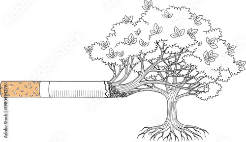 Conceptual illustration showing a cigarette transforming into a lush green tree symbolizing environmental preservation and the importance of quitting smoking