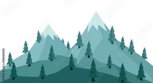 Mountain range with pine trees.