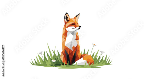 Red Fox Sitting in Grass.