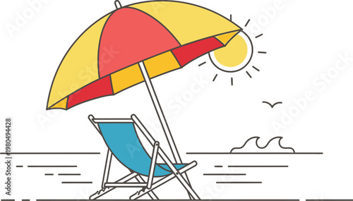 Minimalist illustration of a colorful beach umbrella and a lounge chair by the sea, capturing the essence of summer holidays and relaxation.