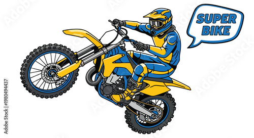 Motocross rider performing a wheelie on a super bike, blue and yellow dirt bike vector illustration, off-road motorcycle racing action with speech bubble