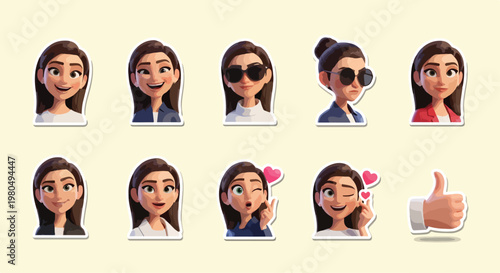 3D cartoon avatar stickers of young woman, set of 10 emoji character icons with various facial expressions, cute female digital person vector