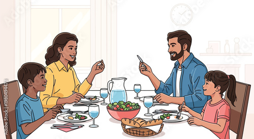 Happy family enjoying a healthy meal together at the dining table, sharing a pleasant moment of connection and conversation.