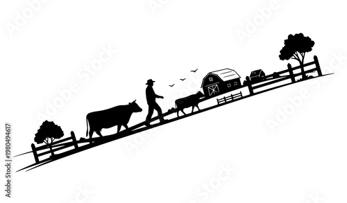 Farmer and cow silhouette rural farming scene diagonal agriculture livestock vector