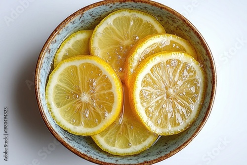 Overhead shot of lemon slices in blue ceramic bowl. Use it for recipes, juice ads, or healthy living blogs.