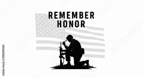 Kneeling soldier silhouette with American flag background design element